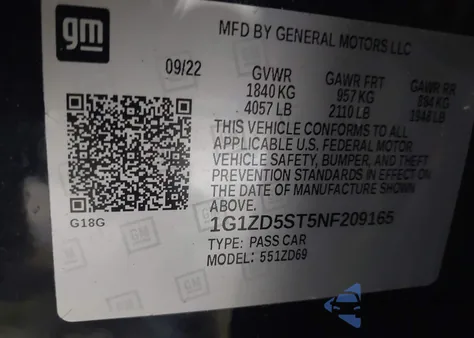 2022 Chevrolet Malibu Fwd Lt z USA, uszkodzony, nr VIN 1G1ZD5ST5NF209165